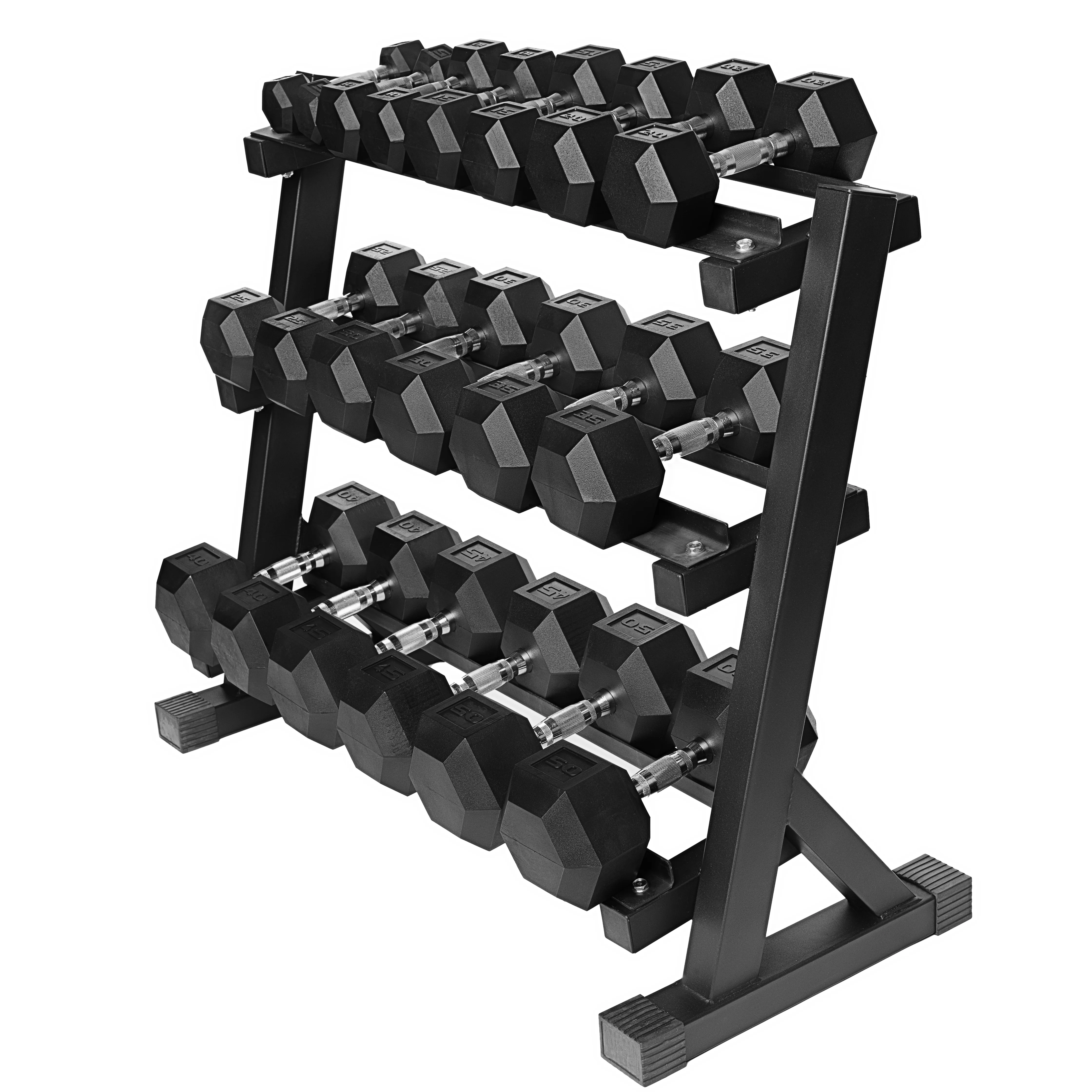 5 - 50lbs Virgin Rubber Dumbbell Set with Commercial 3-Tier Dumbbell Rack 40" - Image 3